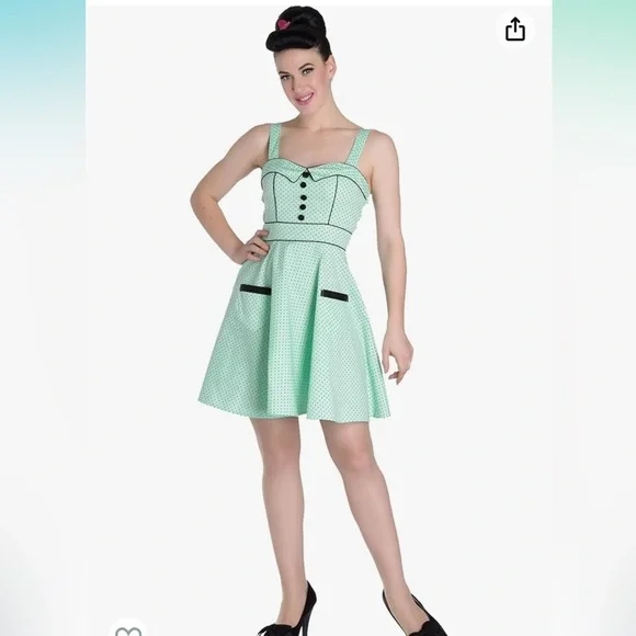 hell bunny green polka dot dress Love Cats Mini Dress – Hell Bunny main image 0